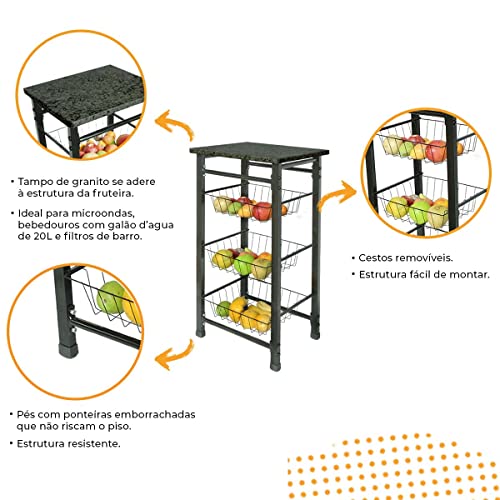 Fruteira Sienna Tampo de Granito 3 Cestos Removíveis Preta