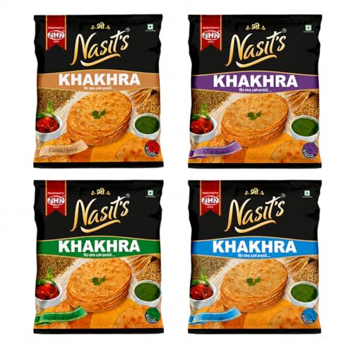 Nasit's Tea-Time Khakhra Combo Pack | Plain, Jeera, Methi & Chat Masala Flavors | Roasted Whole Wheat Gujarati Snack Assortment | 4 x 200g (800g)