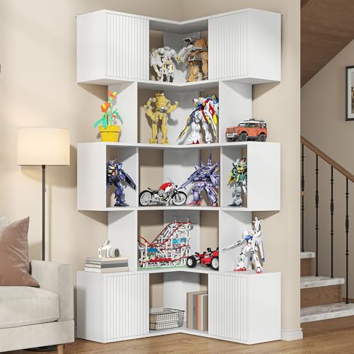 Image of kepptory L-Shaped Corner Cube Bookshelf, 6-Tier Display Book Shelf | Freestanding Bookcase Open Rack for Collectibles, Model Figures, Toys, Books, Decor Display, Living Room Gaming Room, White