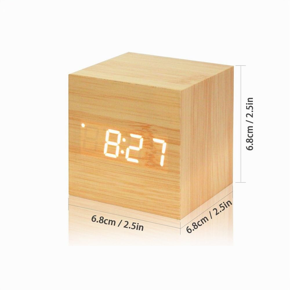 Sveglia In Legno - Cubo Ha Portato L'Orologio Digitale Con Visualizzazione Di Ora Temperatura, 3 Livelli Di Luminosità E Controllo Vocale Ideale Per I Viaggi In Ufficio - AC10Yellow_White