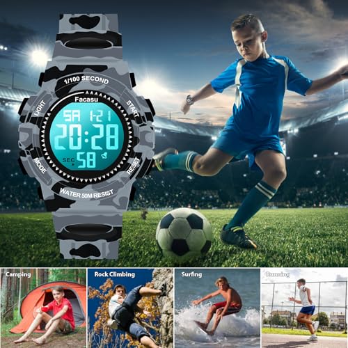 Image of Kids Watch Digital for Boys-Waterproof Kids Sports Watch with Light, Alarm&Snooze,Stopwatch Military Design Silicone Band Gift for Birthdays,Christmas Outdoor Activities(8+ Years)