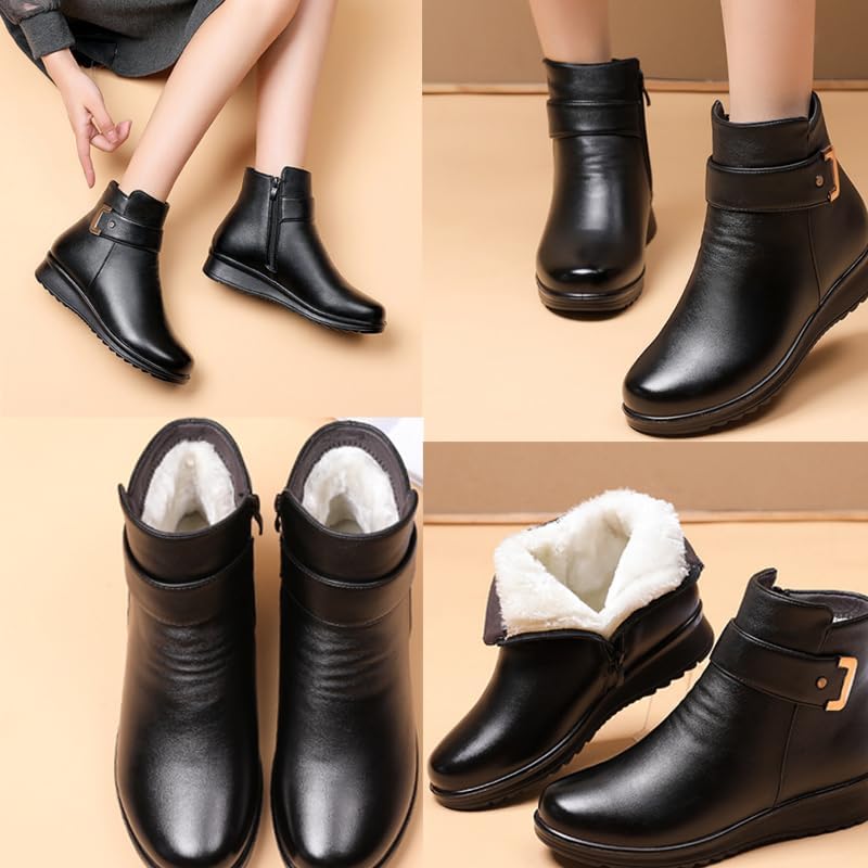 Women's Metal Buckle Genuine Leather Wool Orthopedic Boots,Winter Warm Slip On Fur Lined Snow Boots with Side Zipper - Image 2
