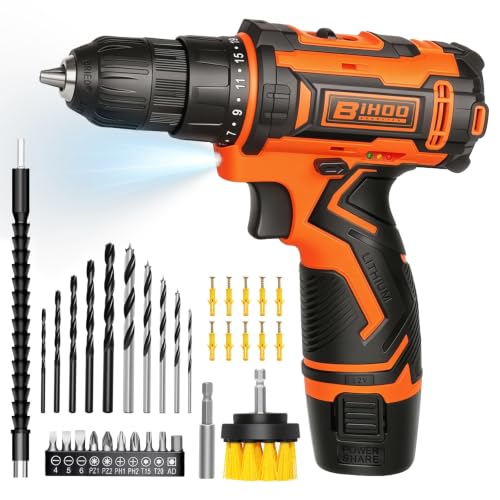 BIHOO Orange Cordless Drill Driver Set 12V, 3/8' Keyless Chuck Battery Drill Kit, 2 Variable Speed...