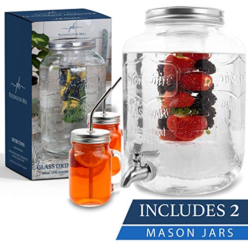 2 gallon glass drink dispenser with 2 mason jars and stainless steel spigot