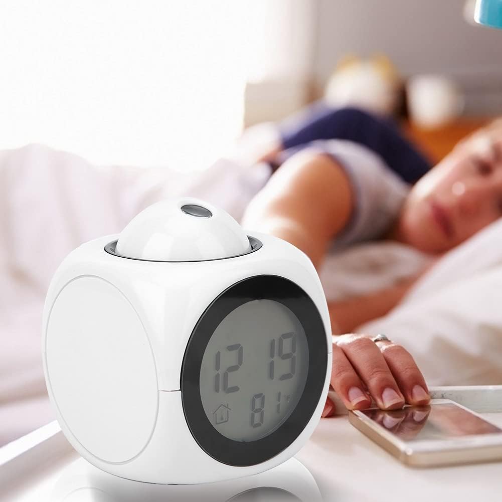 Oumefar Projection Clock for Bedroom Ceiling, Digital LCD Alarm Clock with Voice Talking, 8.1 x 4.7 x 1.1in Modern Mini Projector Alarm Clocks for Office Bedroom(White with USB Cable)