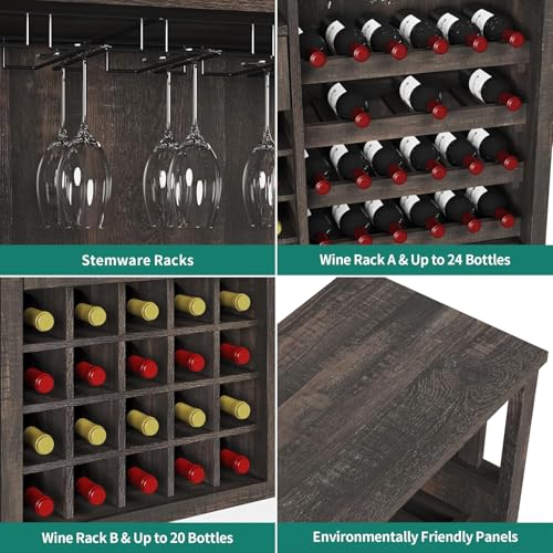 DWVO 47" Wine Bar Cabinet with LED Lights and Power Outlets, Modern Liquor Cabinet with Storage and Drawer, Bar Table with Wine Rack for Kitchen Dining Living Room, Rustic Oak