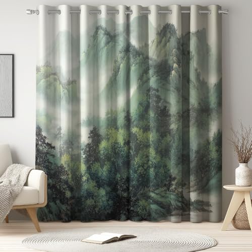 Cortinas Blackout Opacas Térmicas y Aislantes de Microfibra con Ojales para Salón y Dormitorio, Aislamiento Frío y Calor, 2 Piezas, 140 x 220 cm, Verde, Estilo Pintura De Paisaje China Montañas