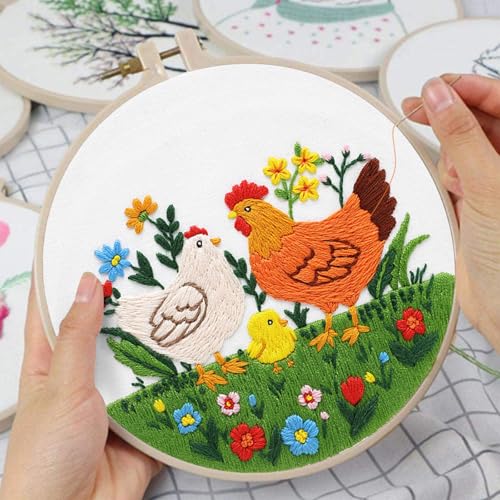 Image of Louise Maelys Funny Animal Embroidery Kits for Beginners,Cross Stitch Kit for Adults,DIY Needlepoint with Hen Rooster Chick and Flower Lawn Pattern