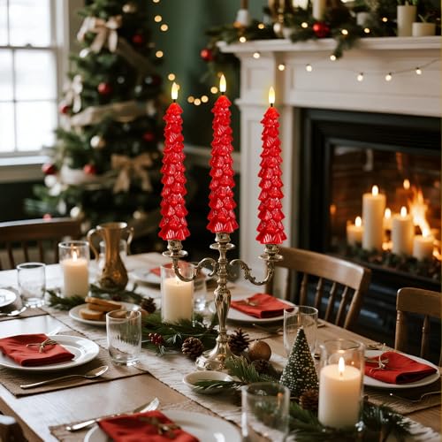 Image of Christmas Tree Candles Battery Operated, Red Christmas Flameless Taper Candles with Remote Timer, Set of 3 Waxy 9.8 Inch LED Tree Candlesticks for Xmas Home Holiday Window Winter Decor