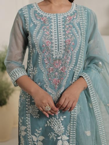 Image of INDO ERA Women's Organza Floral Embroidered Straight Kurta & Pant with Dupatta Set (IESTR10756)