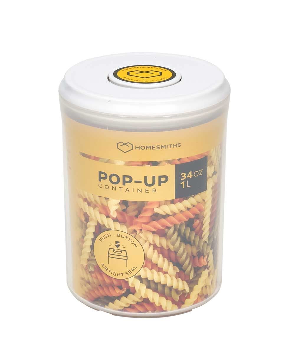 Homesmiths Airtight 1l Round Food Popup Container, Kitchen & Pantry Organization, Plastic Canister with Durable Lid, Ideal for Cereal, Flour & Sugar.