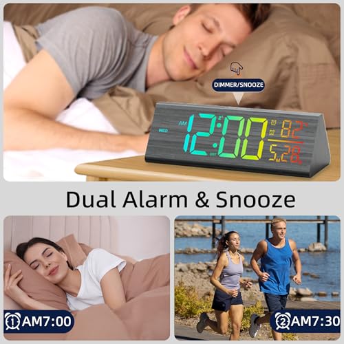 Solid Wood Digital Alarm Clock for Bedroom - 8.8 Inch Large Display, Multicolor Backlight Time Display, Dual Alarms, Date/Temp/Day, DST, Snooze, Black - Image 5