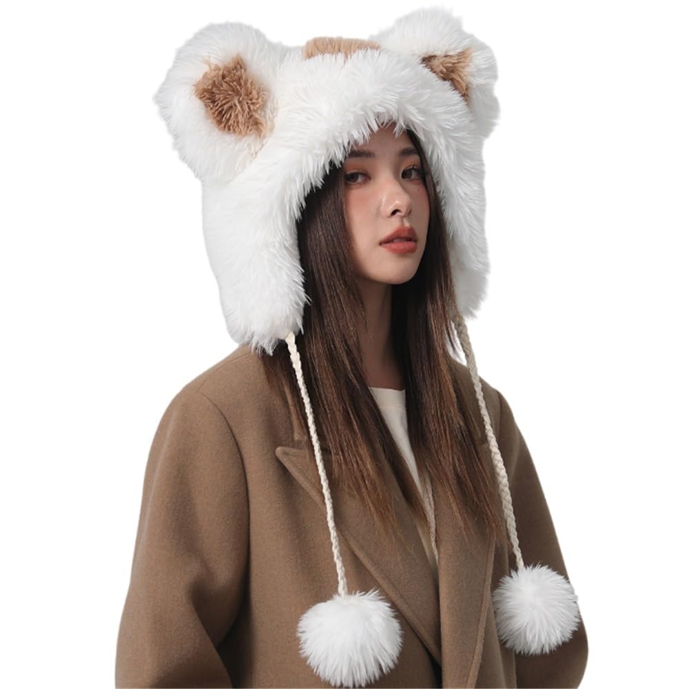 Chapeau avec Oreilles d'ours blanc pour femme en fausse fourrure d'hiver