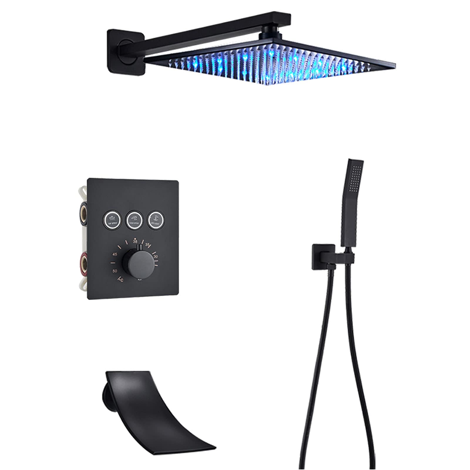 Grifo termostático de ducha de baño, negro, cabezal de ducha LED con ducha de mano, grifo mezclador de bañera montado en la pared, juego de ducha de baño en cascada