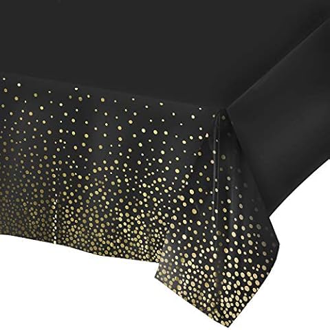 Plastic Black Tablecloth - 2 Pack - Disposable Black Tablecloths, Black Table Cloth, Black and Gold Dot Confetti Rectangular Table Covers, Great Table Cloths for Parties, Bridal Shower and Picnics Cover
