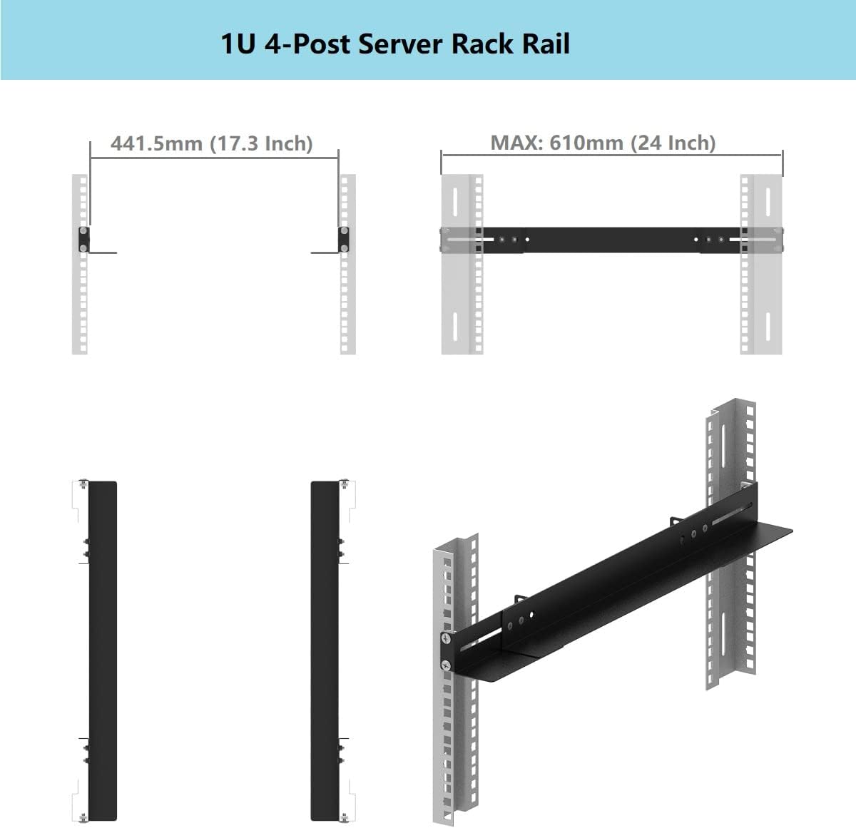 JINGCHENGMEI 1U 19inch Server Rack Rails -15-24 inch Adjustable Depth for Universal 4-Post or 2-Post Rack Mount Rails for Network Equipment, Server, UPS Mounting Rail Kit (1URR15-24IN)