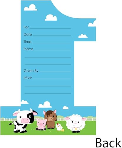 Miniatura 3 de Big Dot of Happiness Tarjetas de invitación para el primer cumpleaños con diseño de animales de granja con sobres, juego de 12 tarjetas de