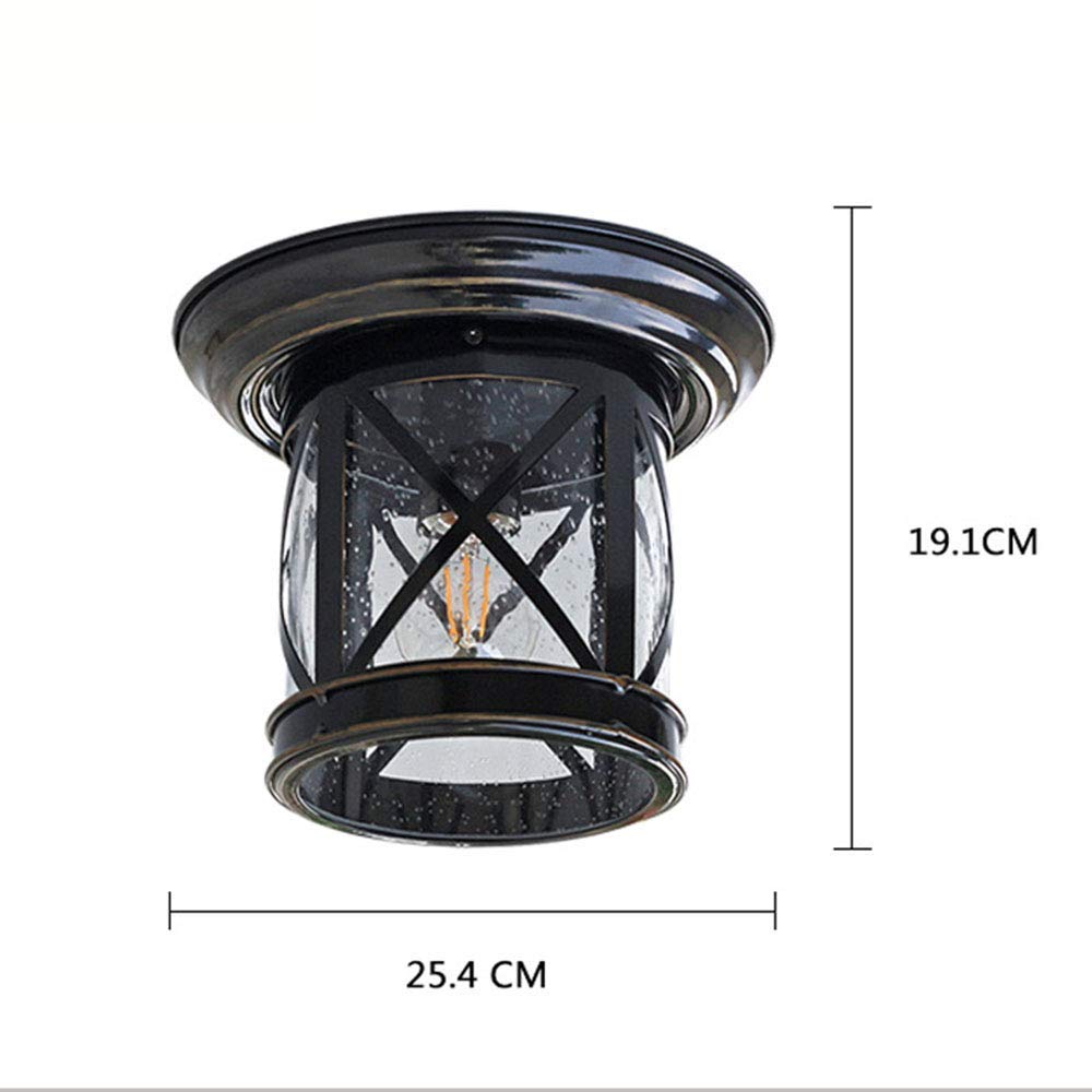 Retro Industrie Deckenleuchte Außen/Innen Deckenlampe Schwarz Metall Glas Schatten E27 Wasserdicht Balkon Bad Korridor Eingangs Pavillon Badezimmer Keller Vintage Deckenbeleuchtung Φ25.4cm