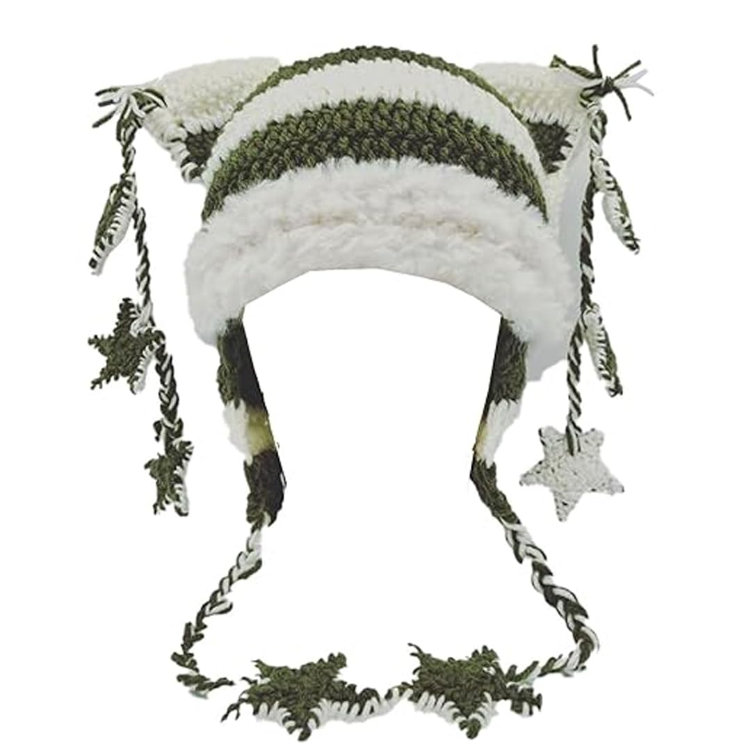 Cat Beanie Beanies Y2k Beanie Knit Hat Grunge Goth y2k Accessories Crochet Hats for Women, Green White, M