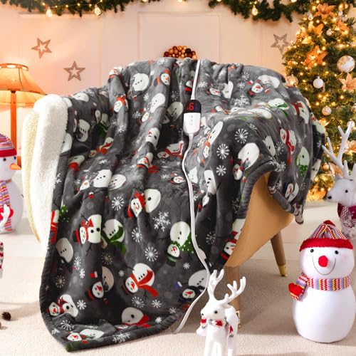 MAXEVE Christmas Heated Throw Blanket Electric Blanket Soft Cozy Heating Blanket for Couch Sofa Bed, 6 Heat Levels & 4-Hour Auto-Off, Machine Washable, FCC & ETL(50"x60", Gray Snowman) — view 2