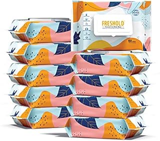 Freshold Flushable Wipes for Adults Toilet Tissue | 10 Pack of 60 Unscented Cleansing Wet Personal Care Butt Wipes for Men Women | Fragrance Free, Hypoallergenic with Aloe Vera for Sensitive Skin