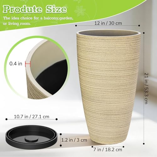 ZMTECH 2-Pack Large Tall Planters with Saucer - 6.8 Gallons /12x21 Inch Faux Stone Finish Round Flower Pots for Indoor Plants, Outdoor Patio & Porch Decor, Unbreakable Plant Containers Beige by ZMTECH - Image 3