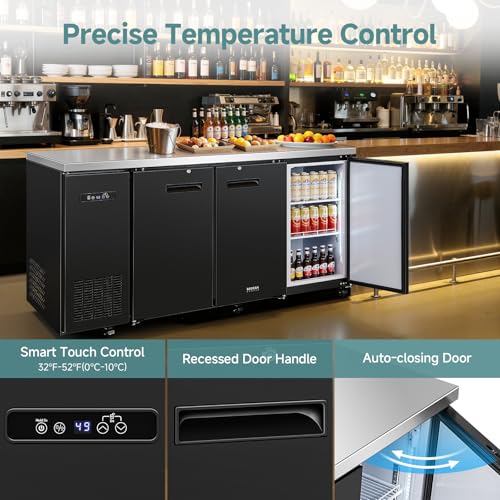 Image of BODEGACOOLER Commercial Bar Cooler with 3 Solid Doors, 20.5 Cu.Ft Back Bar Refrigerator, Beverage Refrigerator for Beer Soda Wine,LED Light, Stainless Steel Top,6 Casters, for Kitchen Buffet Table
