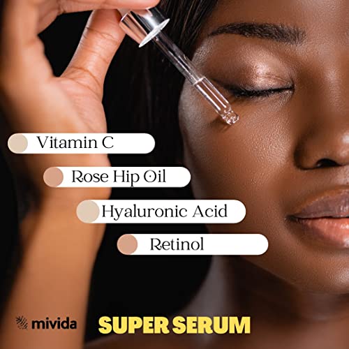 🌿 Mivida All-In-One Super Serum For Face & Neck | Retinol, Hyaluronic Acid, Rosehip Oil, Vitamin C | Anti Aging, Anti Wrinkle Facial Serum | Natural, No Artifcial Colors | 1 Fl Oz #TOP1