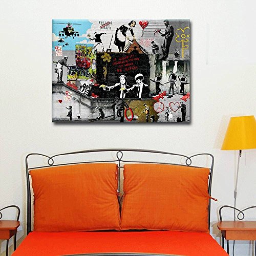 Alonline Art - Unique Collage #156 Always Hope Flower Thrower By Banksy | Print On 100% Cotton Canvas | Ready To Frame (Rolled) | 41"X31" - 105X79Cm | Wall Art Home Decor For Living Room Giclee Hd #TOP4