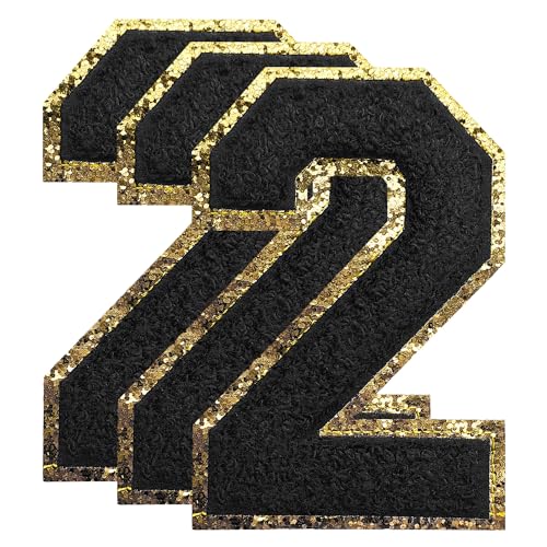 TXSN 3PCS Black Chenille Numbers Patch, Large Size 4-1/2" Iron on Number Patches Varsity Patches for Clothing, 2