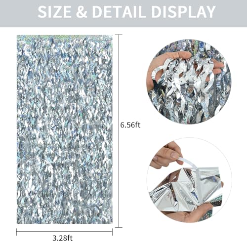 Image of TONIFUL 3Pcs Wavy Metallic Tinsel Foil Fringe Curtains Silver Streamer Backdrop for Photo Booth Props,Party Door Wall Curtain,Bachelorette,Birthday,Anniversary,Bridal Shower Decor (9.9ft x 6.6ft)