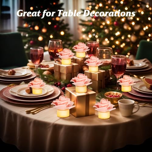 Image of SupBri 12 Pack Led Candles with Artificial Flowers, 200+Hour Battery Operated Tea Lights Candles for Centerpiece Table, Party, Wedding Decorations (Pink)