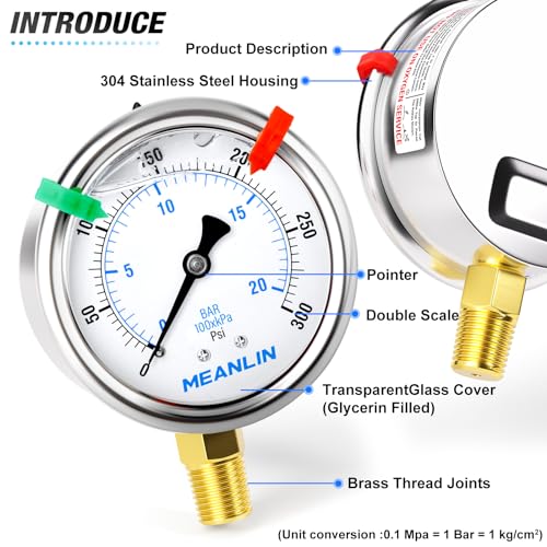 Image of MEANLIN MEASURE 0~300Psi Liquid Filled Pressure Gauge 1 /4 inch NPT 2.5 inch FACE DIAL Stainless Steel Glycerin Filled WOG Water Oil Air Lower Mount (with 2PCS Snaps)