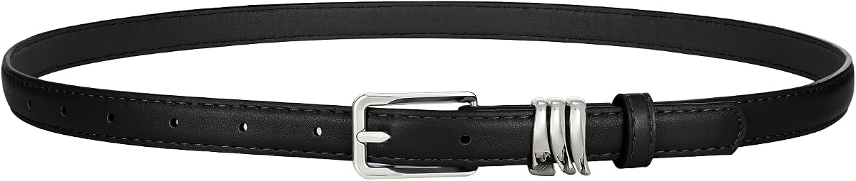 XZQTIVE Women Skinny Leather Belt Ladies Black Thin Waist Belt for Dresses Jeans Pants with Gold Buckle and Metal Loops
