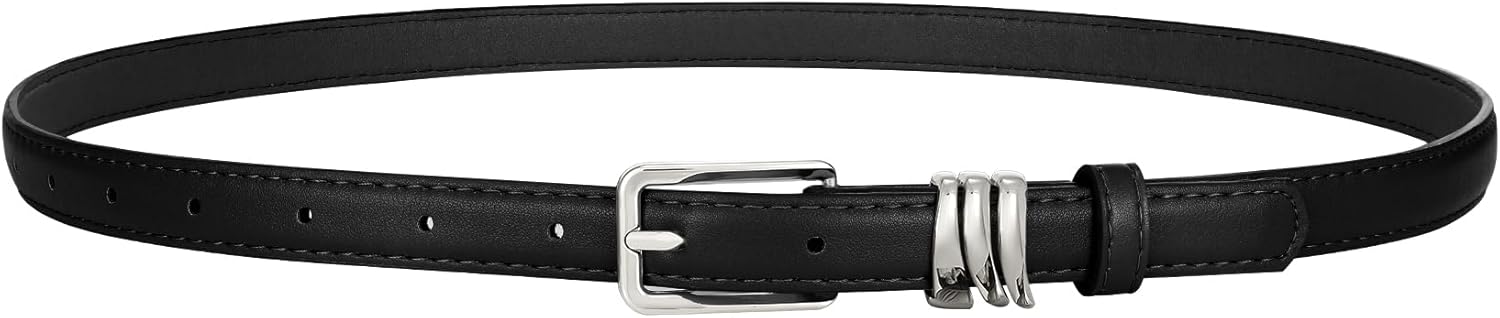 XZQTIVE Women Skinny Leather Belt Ladies Black Thin Waist Belt for Dresses Jeans Pants with Gold Buckle and Metal Loops