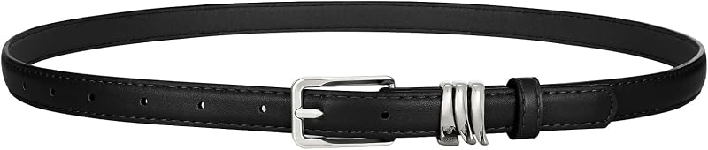 XZQTIVE Women Skinny Leather Belt Ladies Black Thin Waist Belt for Dresses Jeans Pants with Gold Buckle and Metal Loops
