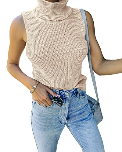 Image of Womens Sleeveless Sweater Vest Turtleneck Ribbed Knit Tank Tops Basic Slim Fit Top