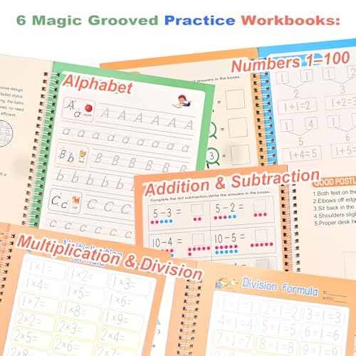 Magic Grooved Writing Practice for Kids 3-8 – 4 Reusable Handwriting Practice with Disappearing Pens | Alphabet, Numbers, Math Tracing | Large Preschool & Kindergarten Workbook with A4 Zipper Pouch - Image 5