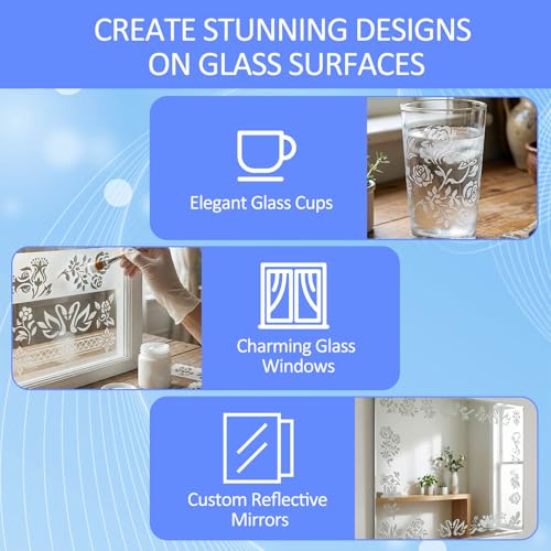 MENUY 2 Flaschen Ätzpaste für Glas 80G, Enthält Schablone, Klebeband, 2 Paar Handschuhe und Einen Spachtel Glasätz Paste, Glas Ätzpaste für DIY-Kreationen, Milchglastüren, Weingläsern