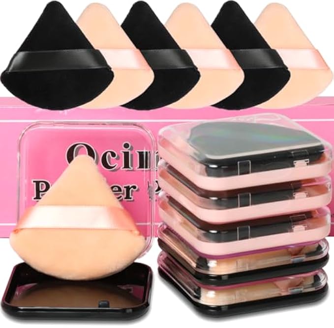 6Pcs Triangle Powder Puffs for Face Powder,Soft Velour Makeup Setting Powder Puff with Case,Black-Nude