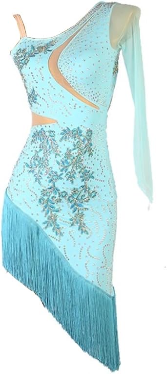 Latin Dance Dress for Women Long Sleeve Tassel Ballroom Competition Dress Salsa Rumba Cha Cha Fringe Costume