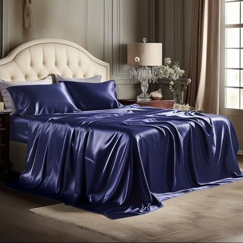 Image of Bedsure Navy Satin Sheets Full Size, Soft Silky Bedsheets for Hair & Skin | Similar to Silk Bed Sheets Set 4 Piece with 15 Inches Deep Pocket Fitted Sheet,1 Flat Sheet, 2 Satin Pillowcases