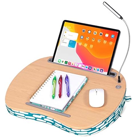 Lap Desk for Laptop and Writing with USB Light - Teal Strokes - Laptop Stand Accessories - Home Office Tray - Work from Home - Car Sofa Chair Couch Portable Desk - Pillow - Tablet Slot Cover