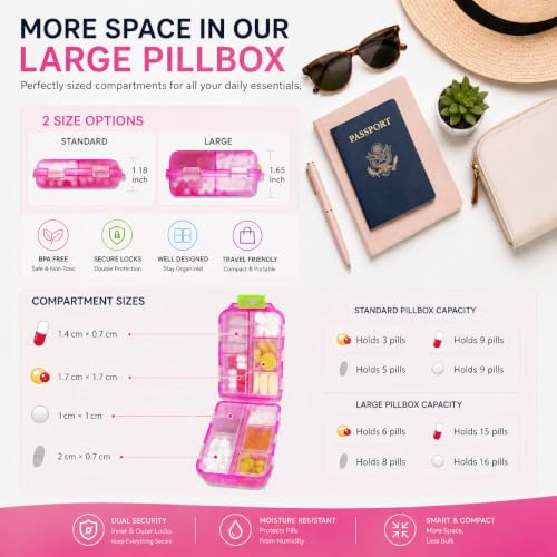 Image of Large Pill Organizer with 161 Medicine Labels, Travel Pill Case | Pink Large pill case with 10 compartments and 161 medicine labels for 7-day planning, vitamins, supplements, daily use