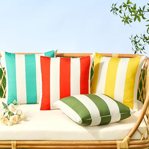 Image of Allorry Outdoor Pillow Covers 20x20 Set of 2 Turquoise Striped Decoration Throw Pillow Covers for Spring Summer Outdoor Waterproof Garden Patio Furniture Sofa Bed Home Decor JB007-C20