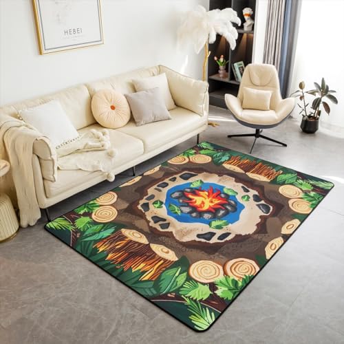 Image of Erosebridal Campfire Area Rug 4'11" x 3'3" Tree Stump Rug for Teens Kids Fun Woodland Campsite Summer Happy Camping Carpet Cartoon Stones Green Tree Non Slip Living Room Rugs