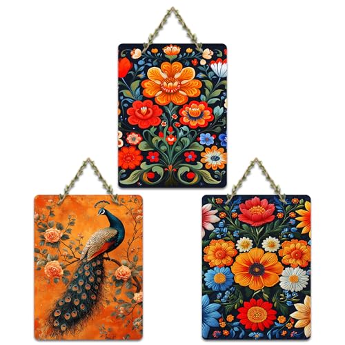 Artvibes Vibrant Peacock & Colorful Flowers Wall Art Decorative Wall Art MDF Wooden Wall Hanger for Living Room | Home Decor | Wall Accent | Wall Art Print | Unique Gift Items (WH_9633N), Set of 3 Deal