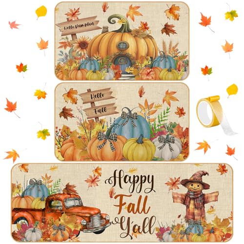 Timgle 3 alfombras de cocina de calabaza, alfombra de espantapájaros de estilo retro, antideslizante, lavable, cómoda, para fregadero de oficina en casa, 17 x 29 pulgadas, 17 x 47 pulgadas