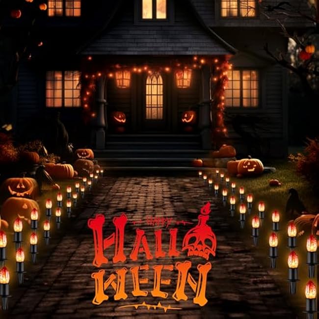 Halloween Decorations - 24.2FT Flickering Flame String Lights with Stakes, C9 Halloween Pathway Lights, 20 Flicker Flame Walkway Light Waterproof for Outdoor Lawn Yard Party