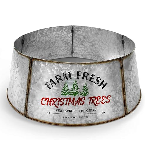 Hallops Galvanized Christmas Tree Collar - Large to Small Christmas Tree Base Cover - Adjustable Metal Skirt for Real or Artificial Trees, Large to Small Christmas Base Cover, Rustic Farmhouse Decor